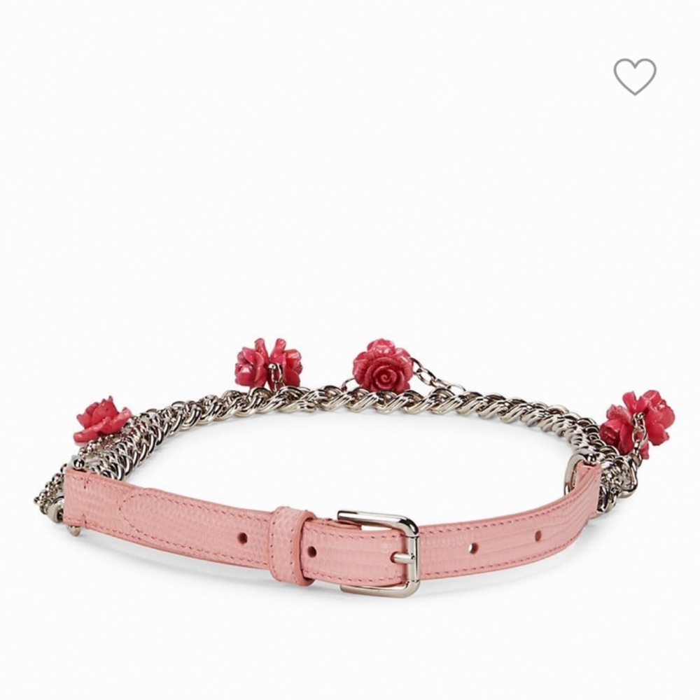 DOLCE & GABBANA PINK IGUANA TEXTURED LEATHER/SILVER CHAIN BELT W/ROSES CRYSTAL